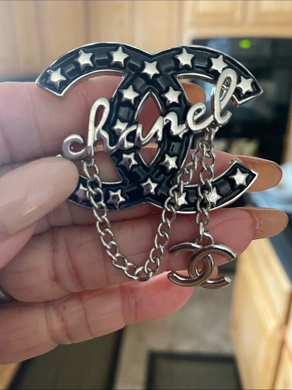 Black Enamel Double CC Brooch with Silver 
Script and Chain